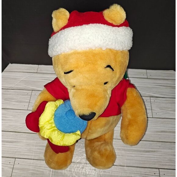 Walt Disney Vintage Christmas Winnie The Pooh Bear Plush 15" Holding Hunny Jar - Picture 2 of 9